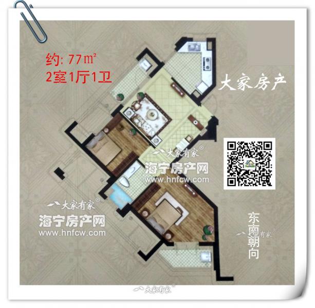 百合月彩苑,2室1厅1卫,建筑面积:77㎡